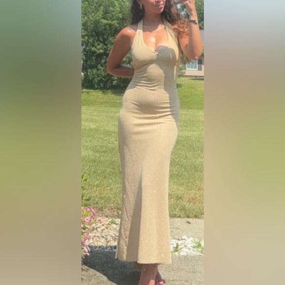 Vintage Y2K Hyphen Glamorous Gold Halter Maxi Formal Evening Dress-Size M - Picture 9 of 16